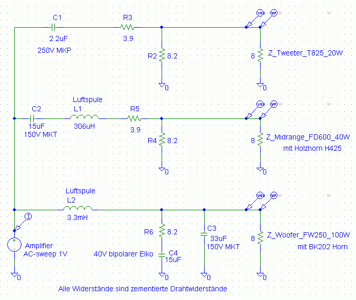 Schaltplan der Frequenzweiche für einen Fostex BK202 Hornlautsprecher